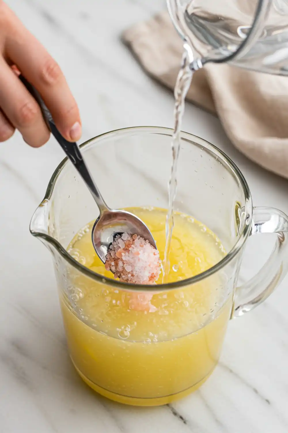 Close-up top-down view of Pink Salt Lemonade assembling in a clear glass pitcher with subtle wear, showing a spoon stirring ingredients as water is poured, with a natural, home-cooked feel.