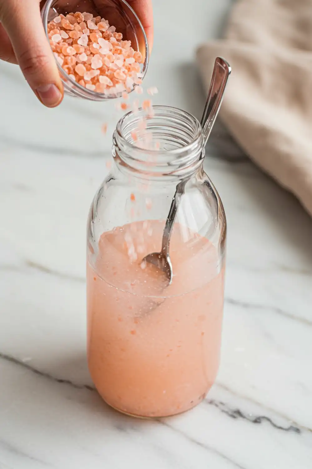 Close-up top-down view of Pink Salt Trick Recipe assembling in a clear glass pitcher with subtle wear, showing Himalayan pink salt dissolving in filtered water, with a natural, home-cooked feel.