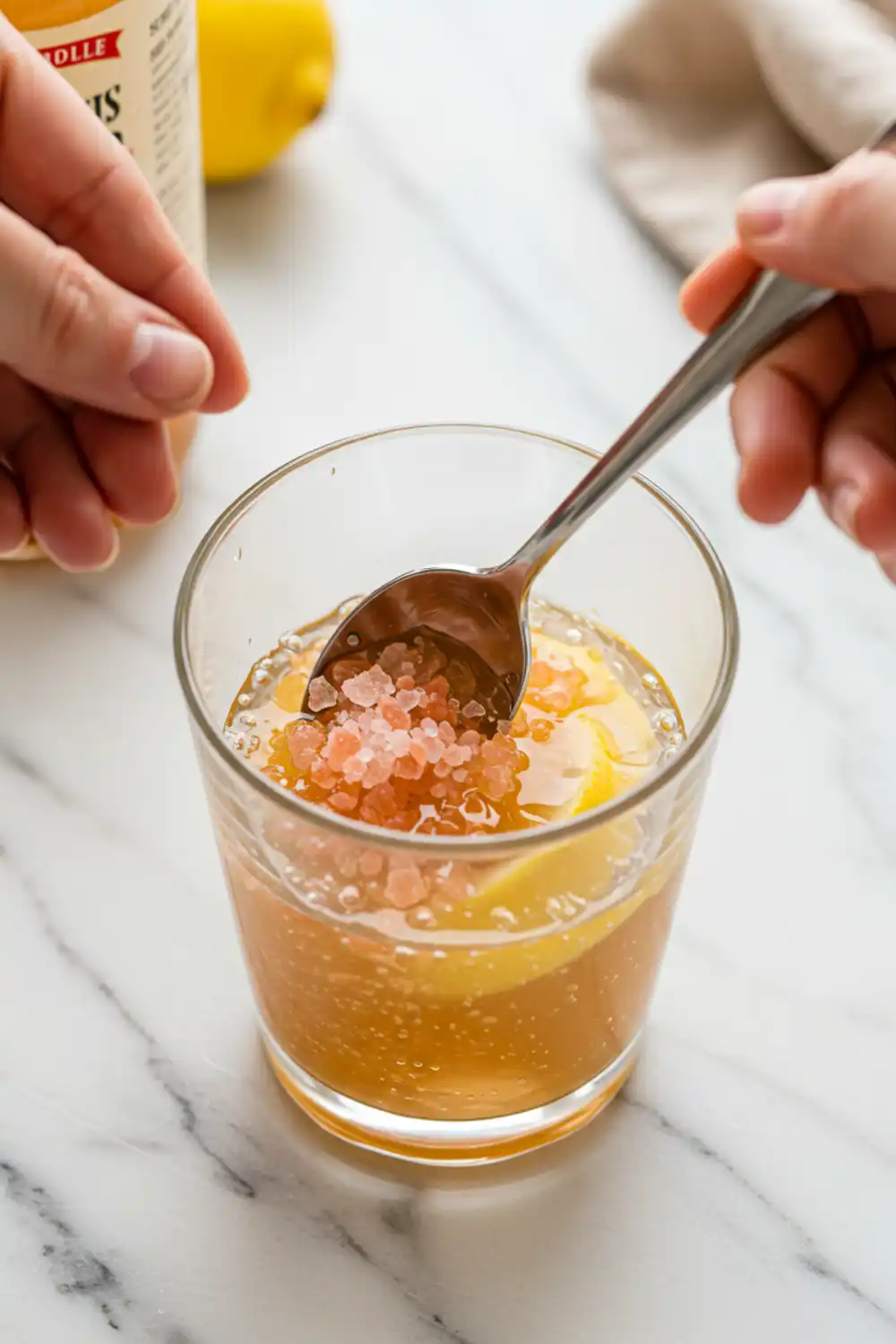 Close-up top-down view of Pink Salt and Apple Cider Vinegar Tonic assembling in a clear glass with subtle wear, showing a spoon stirring ingredients with ACV 'mother' visible, with a natural, home-cooked feel.