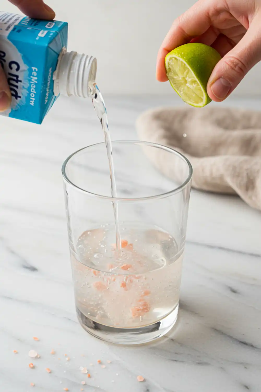 Close-up top-down view of Pink Salt and Coconut Water Electrolyte Drink assembling in a clear glass with subtle wear, showing salt being sprinkled and citrus squeezed into coconut water, with a natural, home-cooked feel.