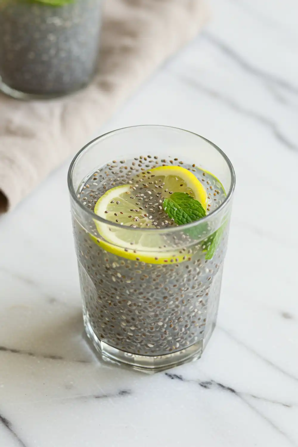 Close-up top-down view of the finished Chia Seeds and Coconut Water Electrolyte Drink in a clear glass with swollen chia seeds, ice, and subtle wear, garnished with a fresh lemon slice and mint, looking natural and home-prepared.