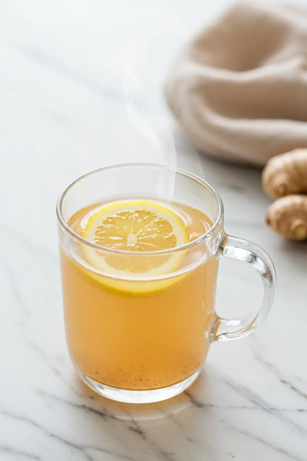 Close-up top-down view of the finished Himalayan Pink Salt and Ginger Detox Drink in a clear mug with subtle wear, garnished with a fresh lemon slice, looking natural and home-prepared.