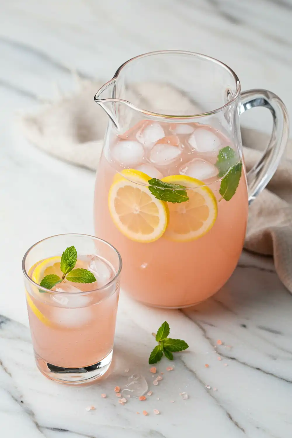 Close-up top-down view of the finished Pink Salt Lemonade in a clear glass pitcher and a glass with subtle wear, garnished with fresh lemon slices and mint, looking natural and home-prepared.