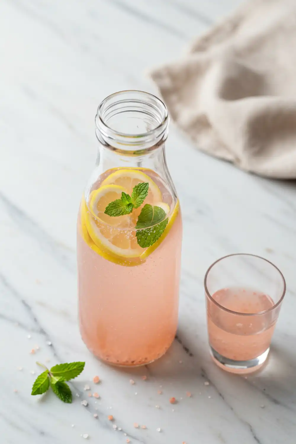 Close-up top-down view of the finished Pink Salt Trick Recipe in a clear glass pitcher with subtle wear, garnished with fresh lemon slices and mint, looking natural and home-prepared.