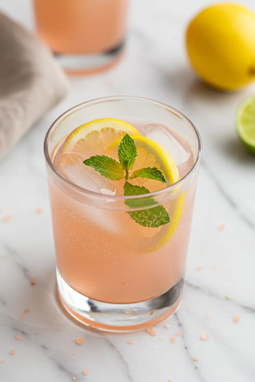 Close-up top-down view of the finished Pink Salt and Coconut Water Electrolyte Drink in a clear glass with ice and subtle wear, garnished with a fresh lemon slice and mint, looking natural and home-prepared.