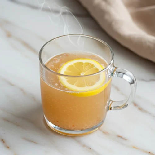 Himalayan Pink Salt and Ginger Detox Drink in a clear mug with subtle wear, garnished with a fresh lemon slice, looking natural and home-prepared.