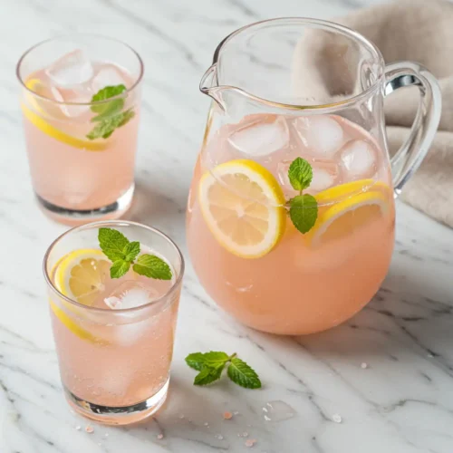 Pink Salt Lemonade in a clear glass pitcher and a glass with subtle wear, garnished with fresh lemon slices and mint, looking natural and home-prepared.