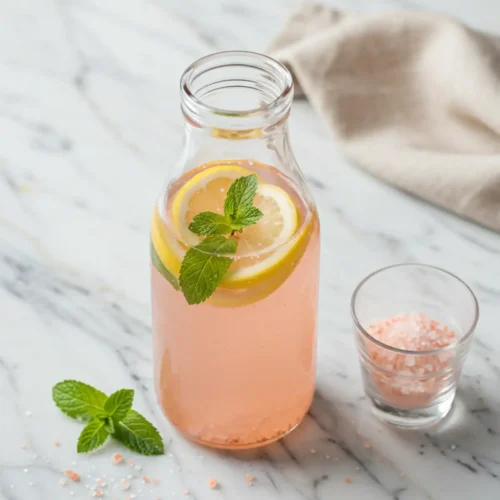 Pink Salt Trick Recipe in a clear glass pitcher with subtle wear, garnished with fresh lemon slices and mint, looking natural and home-prepared.
