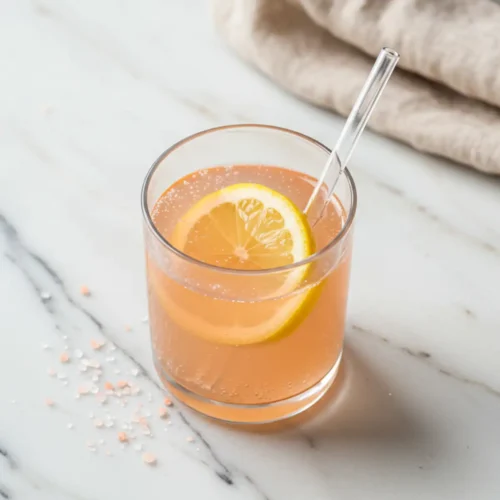 Pink Salt and Apple Cider Vinegar Tonic in a clear glass with subtle wear, garnished with a fresh lemon slice, looking natural and home-prepared.