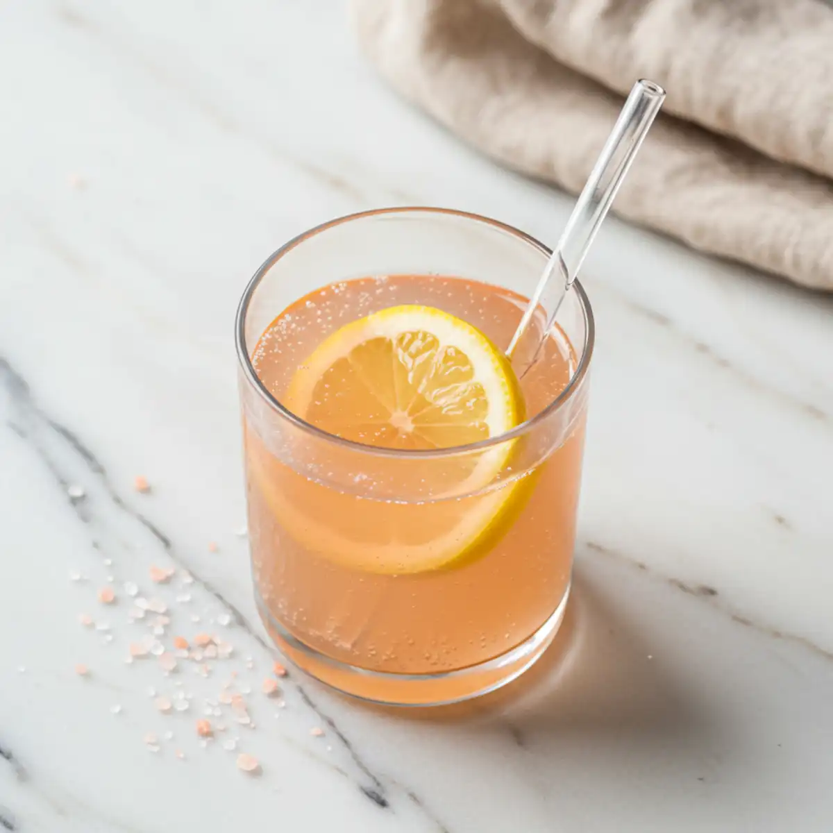 Pink Salt and Apple Cider Vinegar Tonic in a clear glass with subtle wear, garnished with a fresh lemon slice, looking natural and home-prepared.