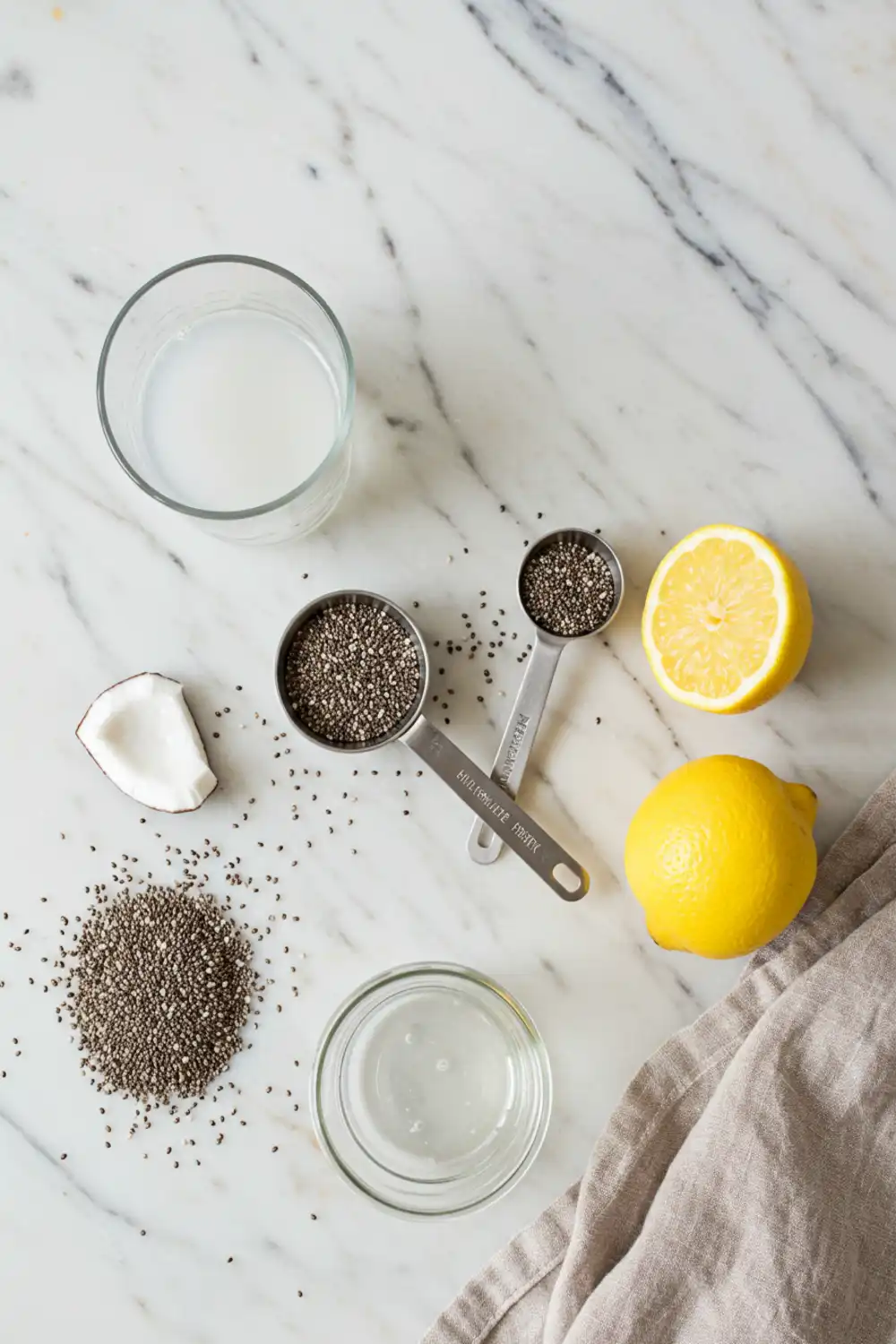 Close-up top-down view of prepped Chia Seeds and Coconut Water Electrolyte Drink ingredients: unsweetened coconut water, black chia seeds, and fresh lemon, arranged on a light marble surface with subtle wear, looking natural and home-prepared.