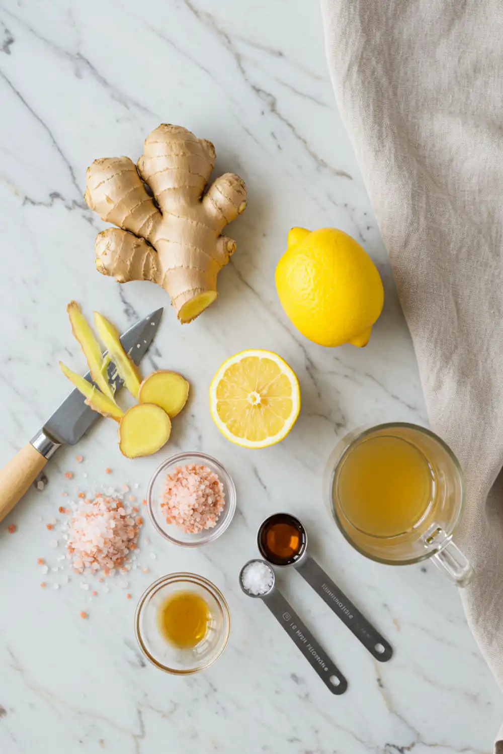 Close-up top-down view of prepped Himalayan Pink Salt and Ginger Detox Drink ingredients: fresh ginger, Himalayan pink salt, lemon, and honey, arranged on a light marble surface with subtle wear, looking natural and home-prepared.