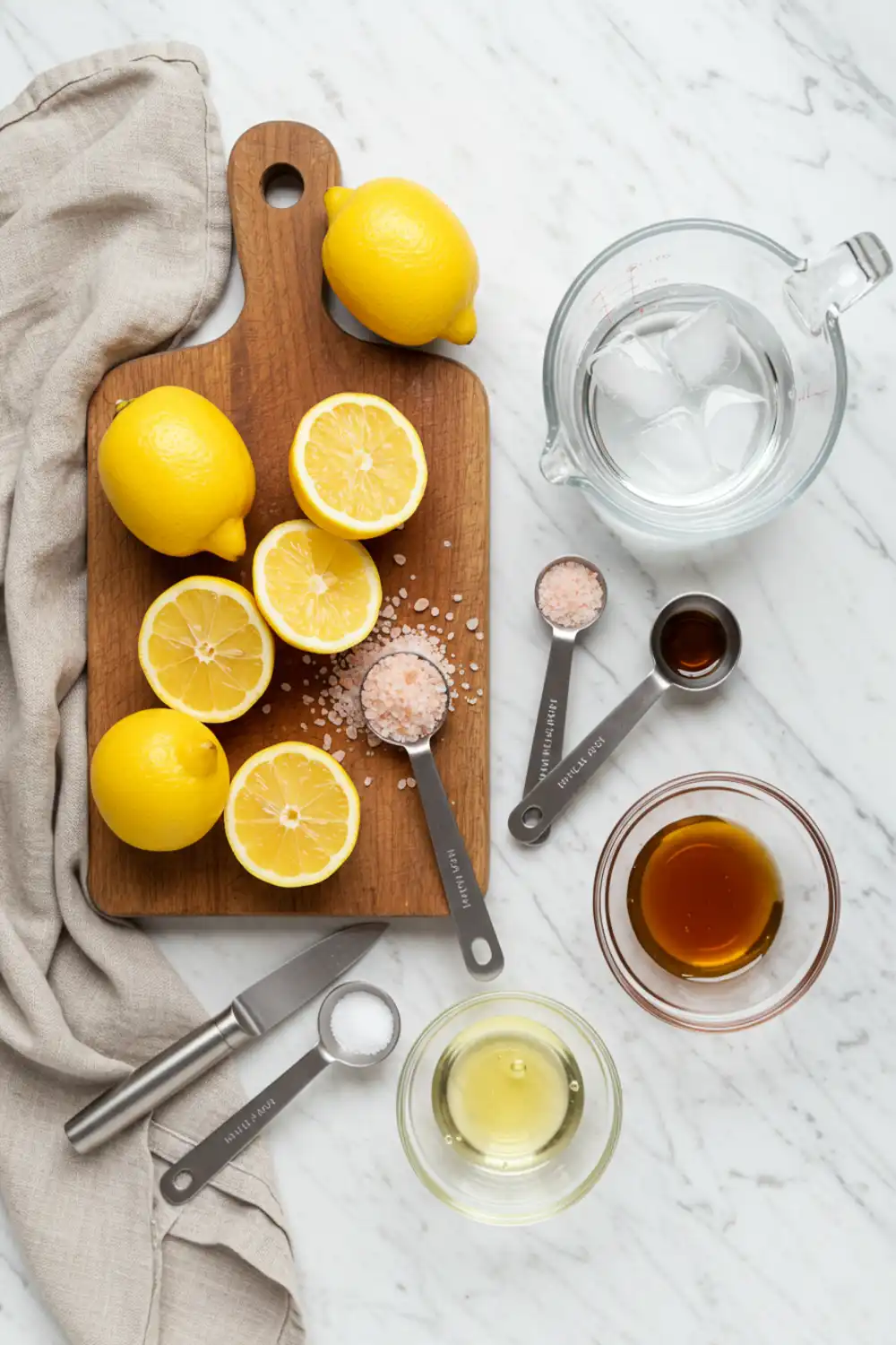 Close-up top-down view of prepped Pink Salt Lemonade ingredients: fresh lemons, Himalayan pink salt, water, and honey, arranged on a light marble surface with subtle wear, looking natural and home-prepared.