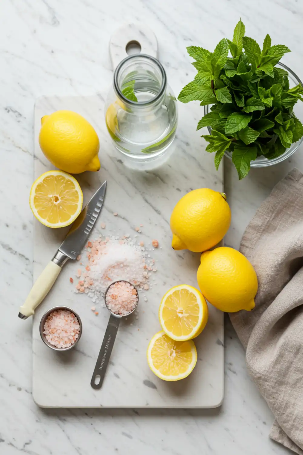 Close-up top-down view of prepped Pink Salt Trick Recipe ingredients: Himalayan pink salt and filtered water in a glass pitcher, with lemons and mint, arranged on a light marble surface with subtle wear, looking natural and home-prepared.