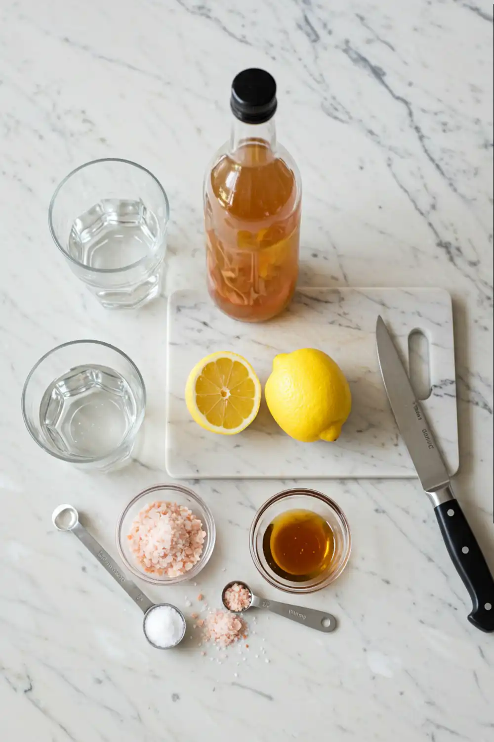 Close-up top-down view of prepped Pink Salt and Apple Cider Vinegar Tonic ingredients: fresh lemons, apple ,Himalayan pink salt, water, and honey, arranged on a light marble surface with subtle wear, looking natural and home-prepared.