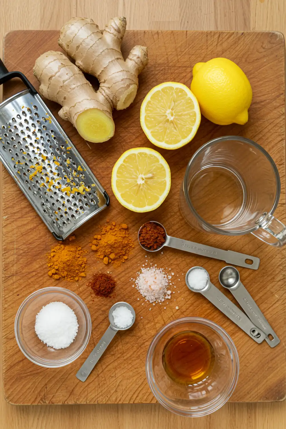 Close-up top-down view of prepped Pink Salt and Turmeric Morning Tonic ingredients: fresh ginger, ground turmeric, cayenne pepper, lemon, pink salt, and honey, arranged on a light marble surface with subtle wear, looking natural and home-prepared.