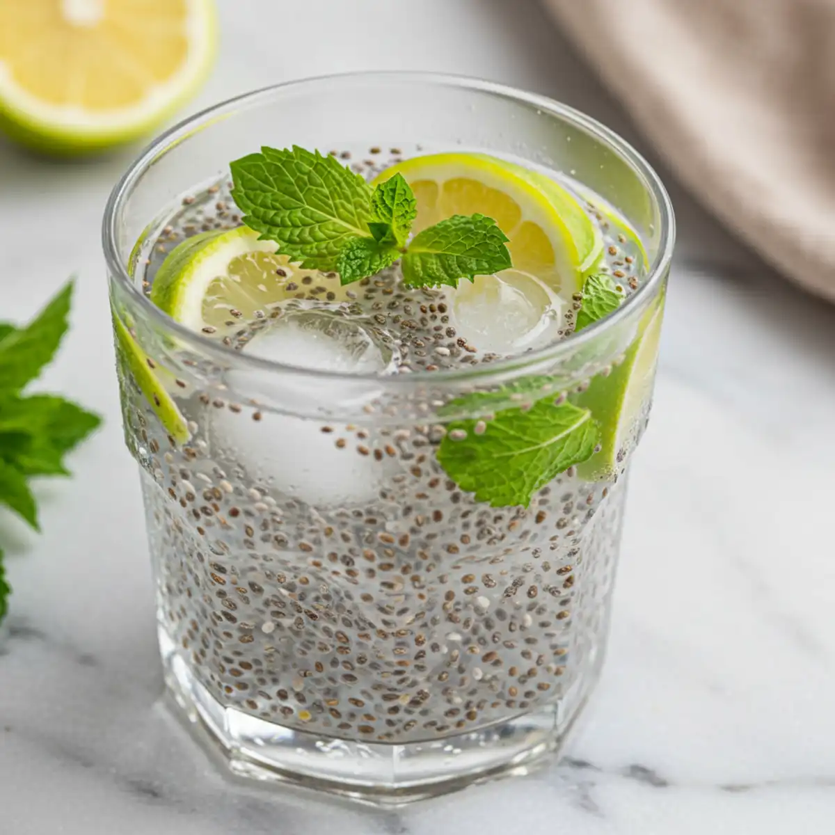 Ultra close-up top-down view of Chia Seeds and Coconut Water Electrolyte Drink in a clear glass with plump chia seeds, ice, and condensation, garnished with lemon and mint, showing refreshing natural textures.