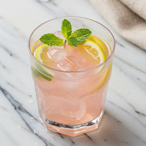 Ultra close-up top-down view of Pink Salt and Coconut Water Electrolyte Drink in a clear glass with ice and condensation, garnished with lemon and mint, showing refreshing natural textures.