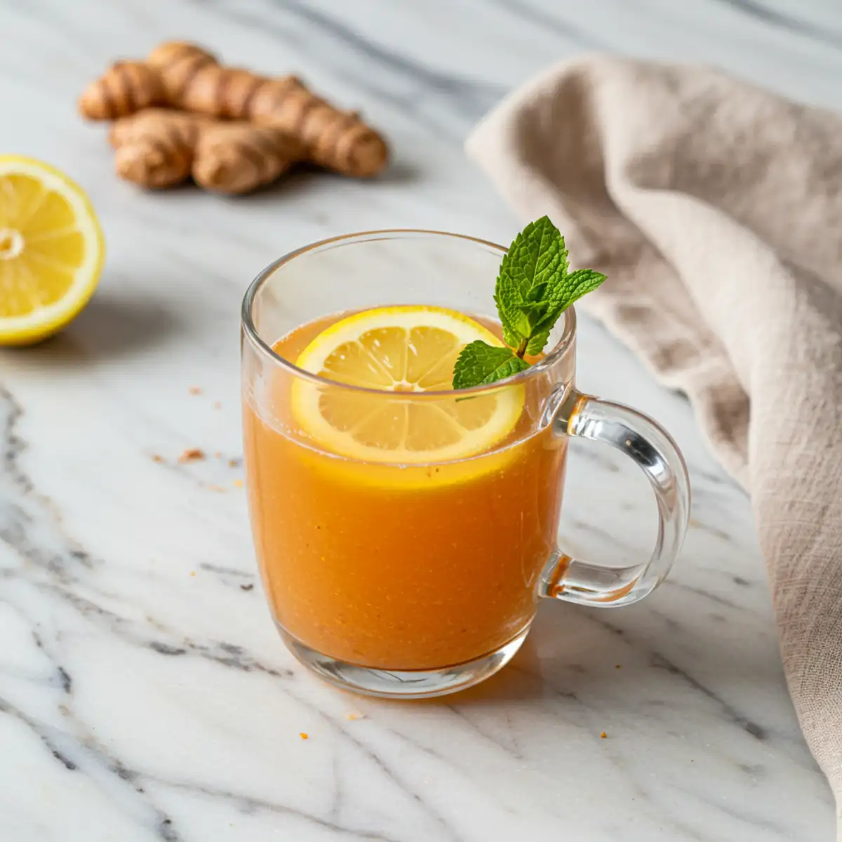 Ultra close-up top-down view of Pink Salt and Turmeric Morning Tonic in a clear mug, showing natural texture with turmeric specks and ginger bits, steam rising, and a fresh lemon garnish, conveying warmth and natural goodness.