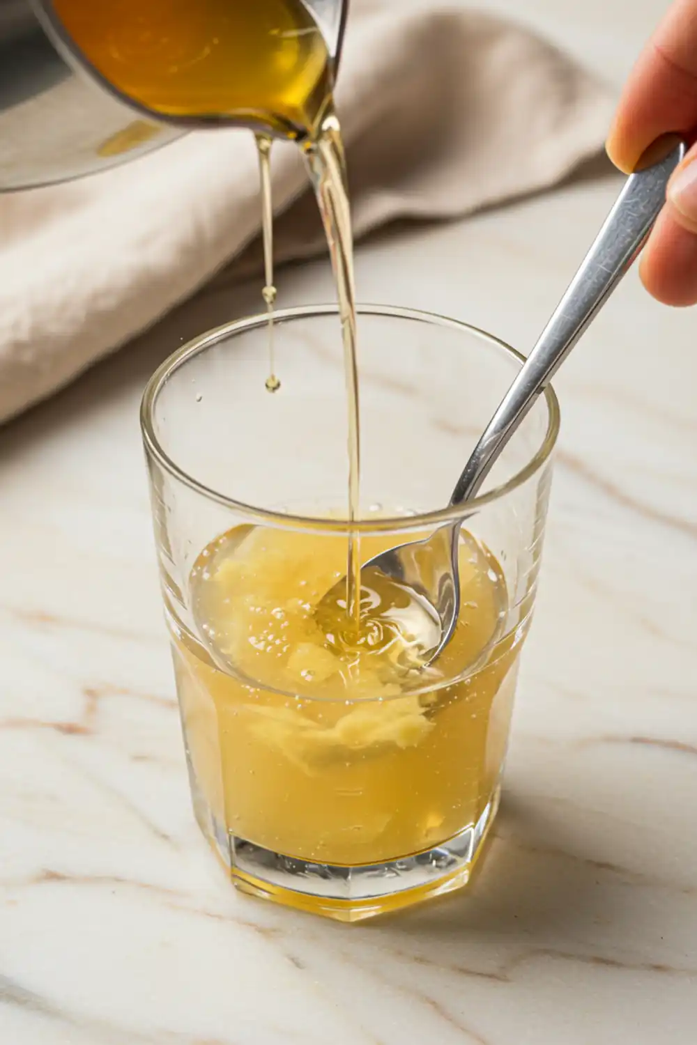 Close-up top-down view of Brazilian Mounjaro drink assembling in a clear glass with subtle wear, showing apple cider vinegar, lemon, ginger, and honey being stirred with warm water, with a natural, home-cooked feel.