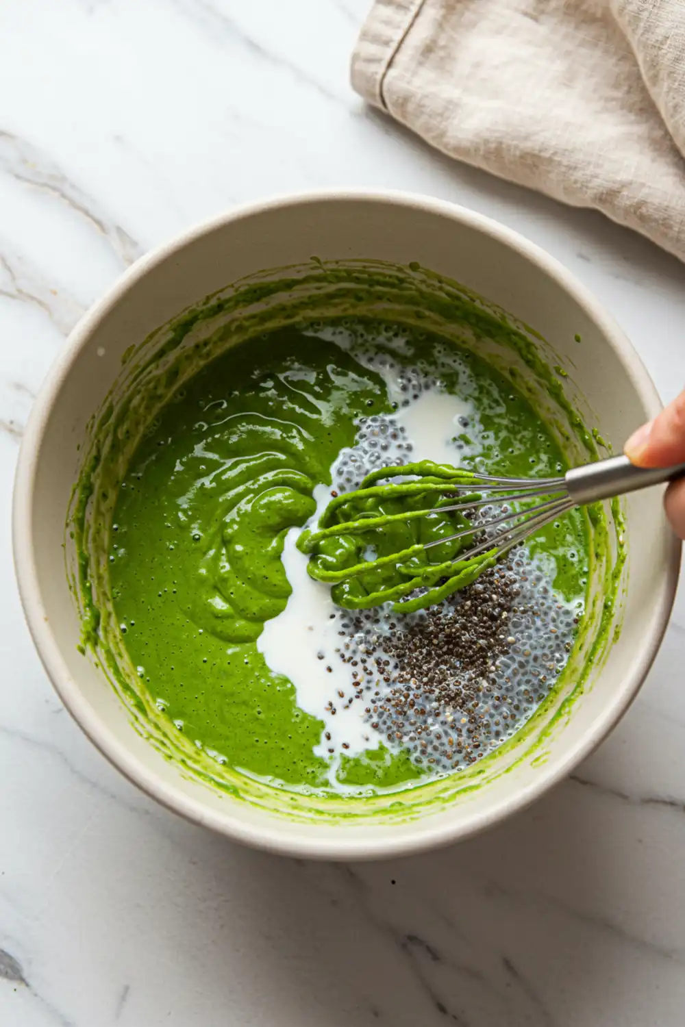 Close-up top-down view of Matcha Chia Seed Pudding assembling in a mixing bowl with subtle wear, showing matcha being whisked with milk and chia seeds, with a natural, home-cooked feel.