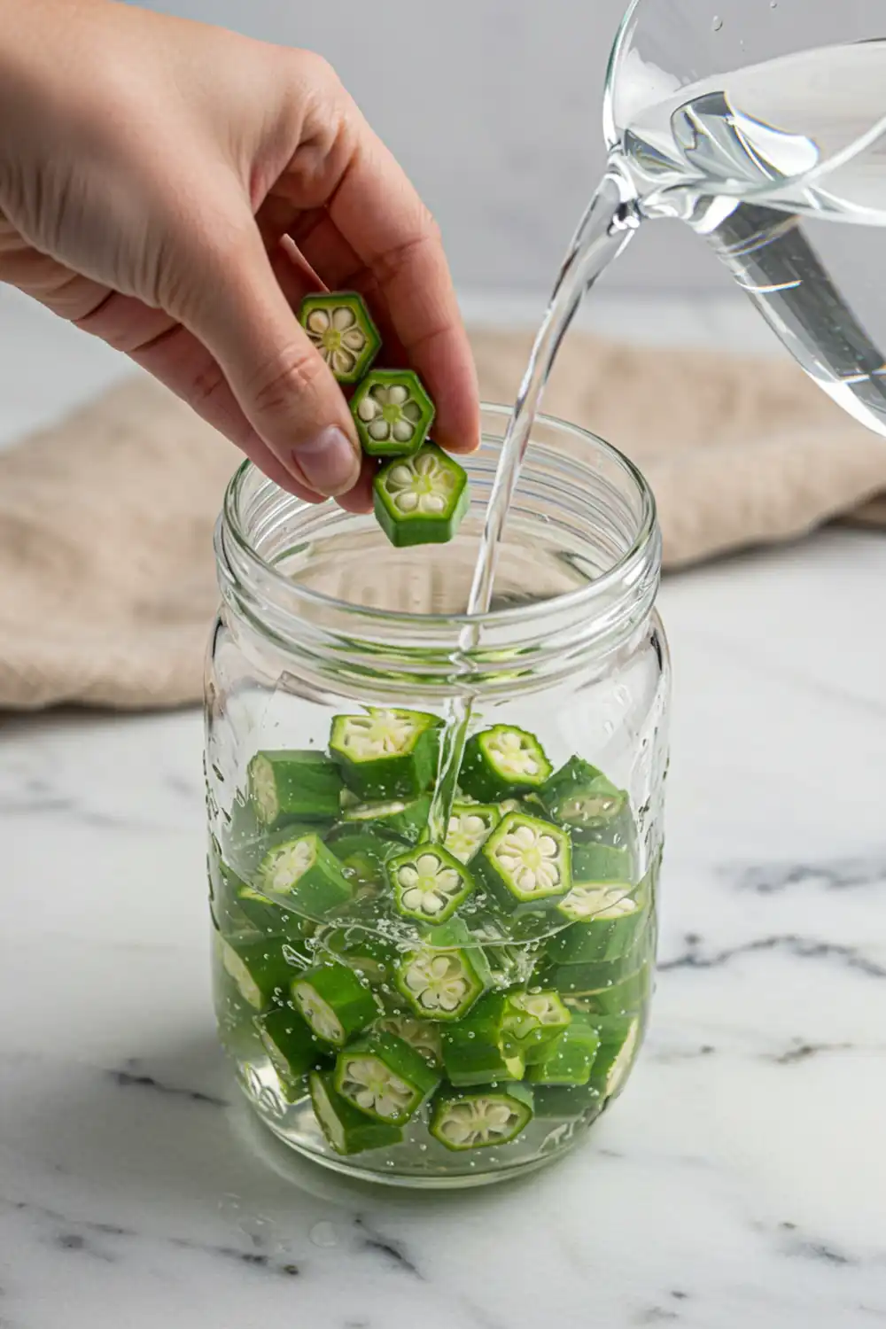 Close-up top-down view of Okra Water assembling in a clear glass jug with subtle wear, showing sliced okra pods being added to plain water, with a natural, home-cooked feel.