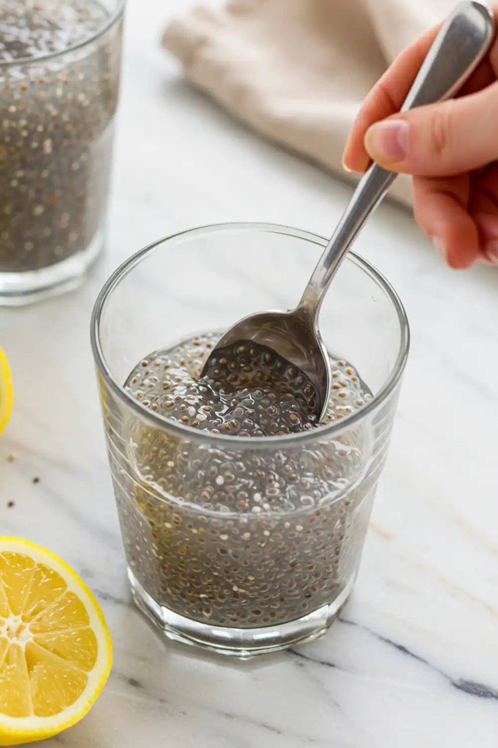 Close-up top-down view of Tadpole Water assembling in a clear glass with subtle wear, showing chia seeds being stirred in warm water, with a natural, home-cooked feel.