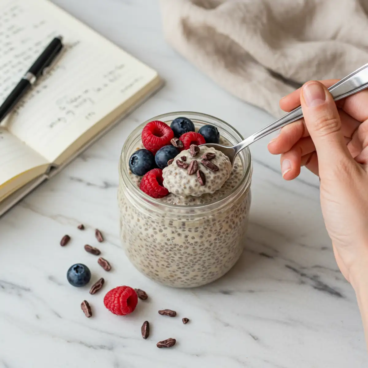 Close-up top-down view of a hand reaching for a glass jar of Banana Chia Pudding garnished with berries and cacao nibs, set on a natural surface with a journal, looking natural and part of a wellness routine.