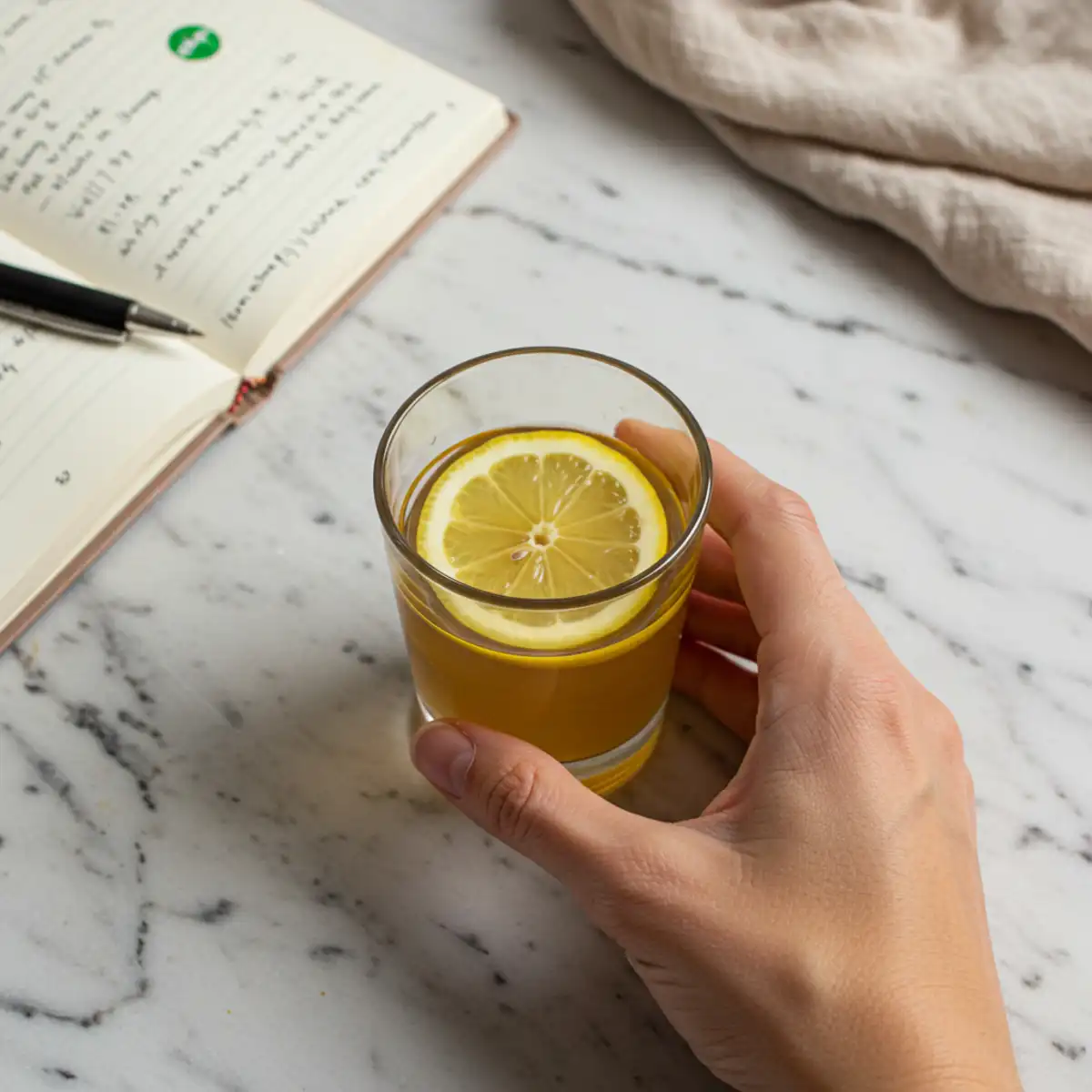 Close-up top-down view of a hand holding a clear glass of Brazilian Mounjaro drink garnished with lemon, set on a natural surface with a journal, looking natural and part of a wellness routine.