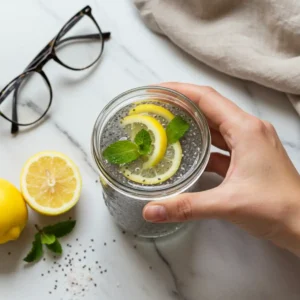 Close-up top-down view of a hand holding a glass of Chia Seed Water with Himalayan Salt, garnished with lemon and mint, set on a natural surface, looking refreshing and part of a daily routine.