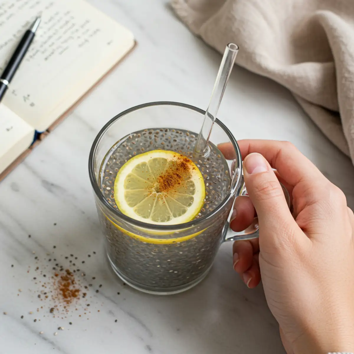 Close-up top-down view of a hand holding a clear glass mug of Chia Seed and Cinnamon Water garnished with lemon and cinnamon, set on a natural surface with a journal, looking natural and part of a wellness routine.