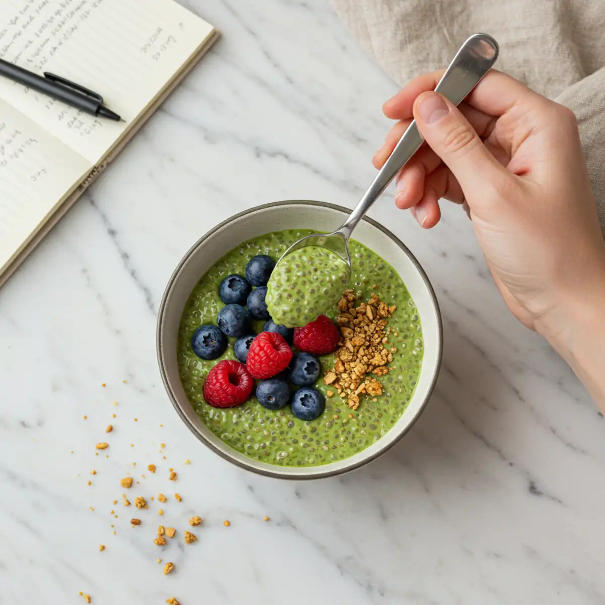 Close-up top-down view of a hand reaching for a bowl of Matcha Chia Seed Pudding garnished with berries and granola, set on a natural surface with a journal, looking natural and part of a wellness routine.
