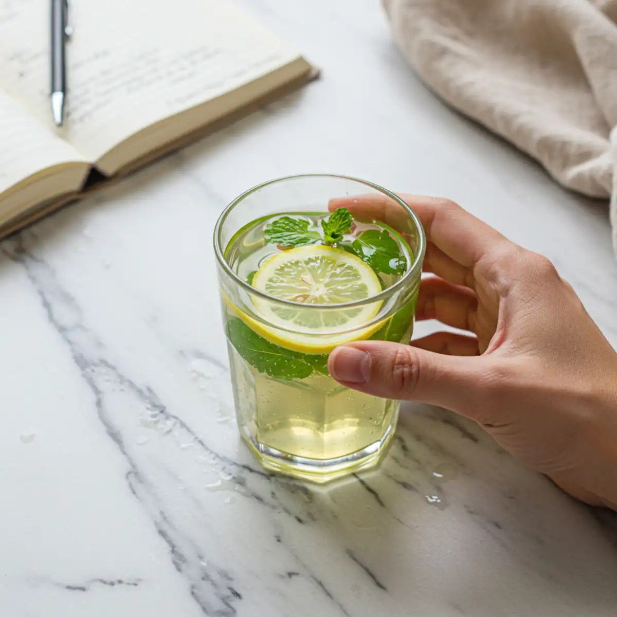 Close-up top-down view of a hand holding a clear glass of Okra Water garnished with lemon and mint, set on a natural surface with a journal, looking natural and part of a wellness routine.