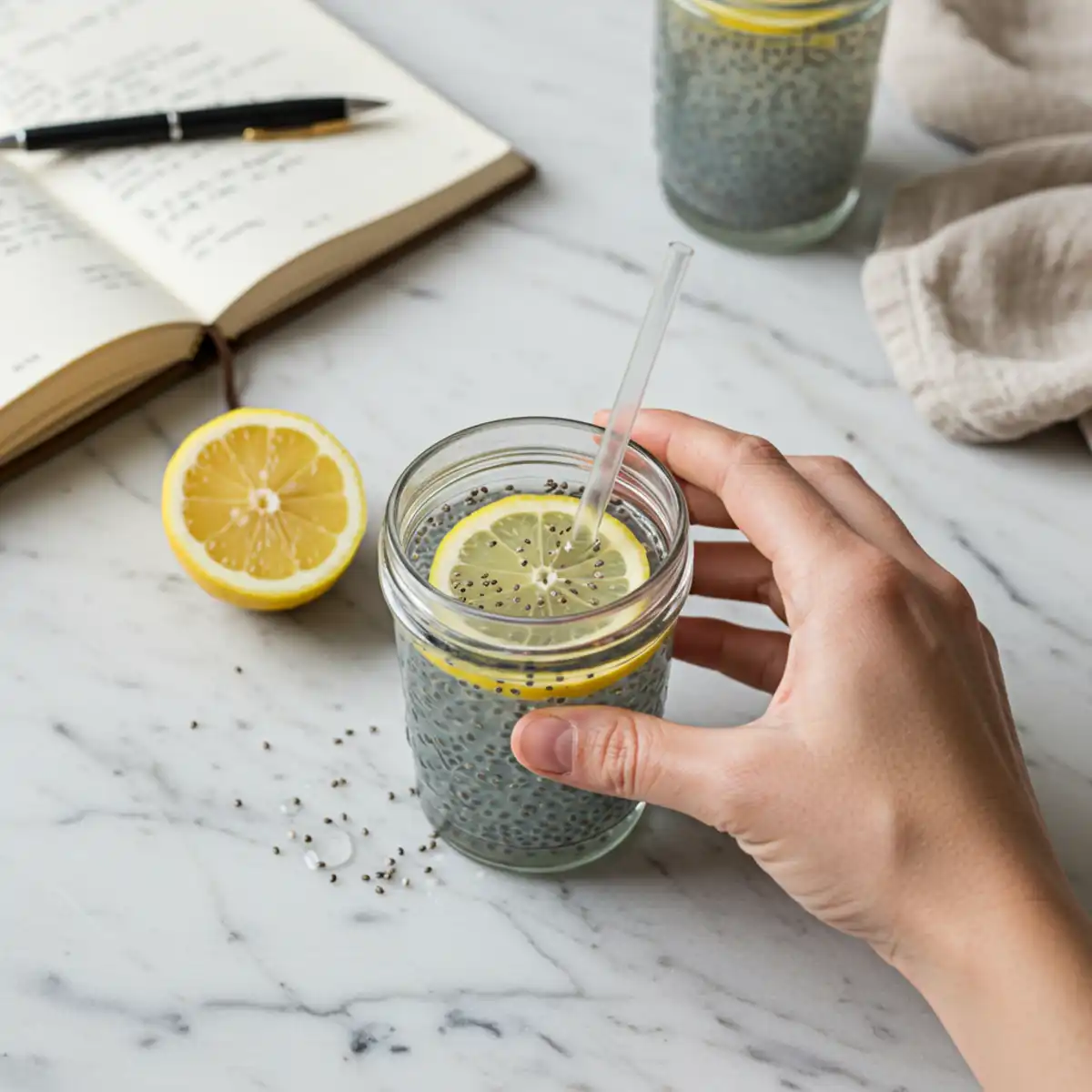 Close-up top-down view of a hand holding a clear glass of Tadpole Water with a straw, garnished with lemon, set on a natural surface with a journal, looking natural and part of a wellness routine.