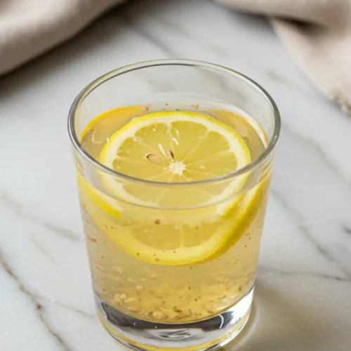 Close-up top-down view of the finished Brazilian Mounjaro drink in a clear glass with subtle wear, garnished with a lemon slice, looking natural and home-prepared.