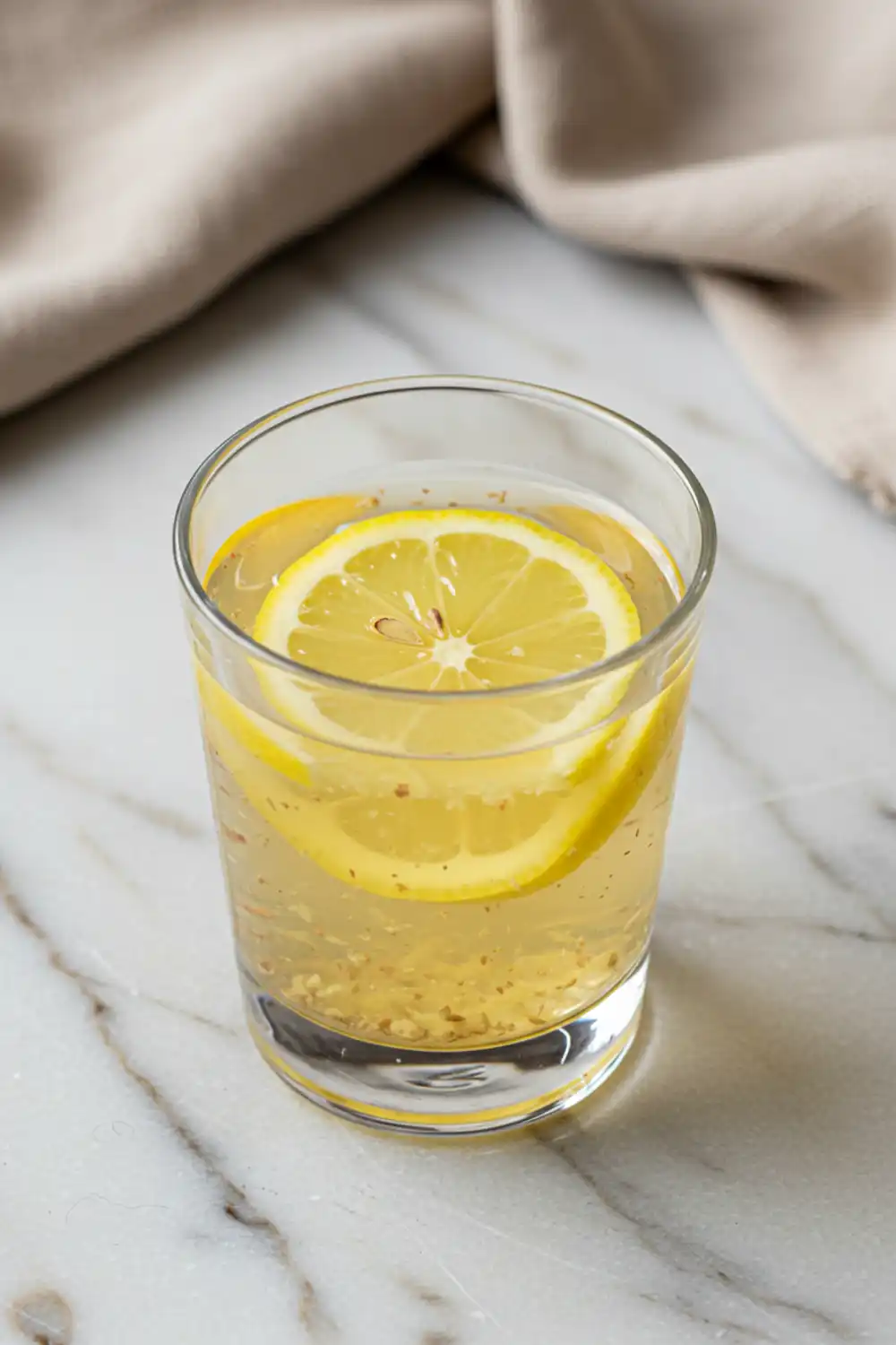 Close-up top-down view of the finished Brazilian Mounjaro drink in a clear glass with subtle wear, garnished with a lemon slice, looking natural and home-prepared.