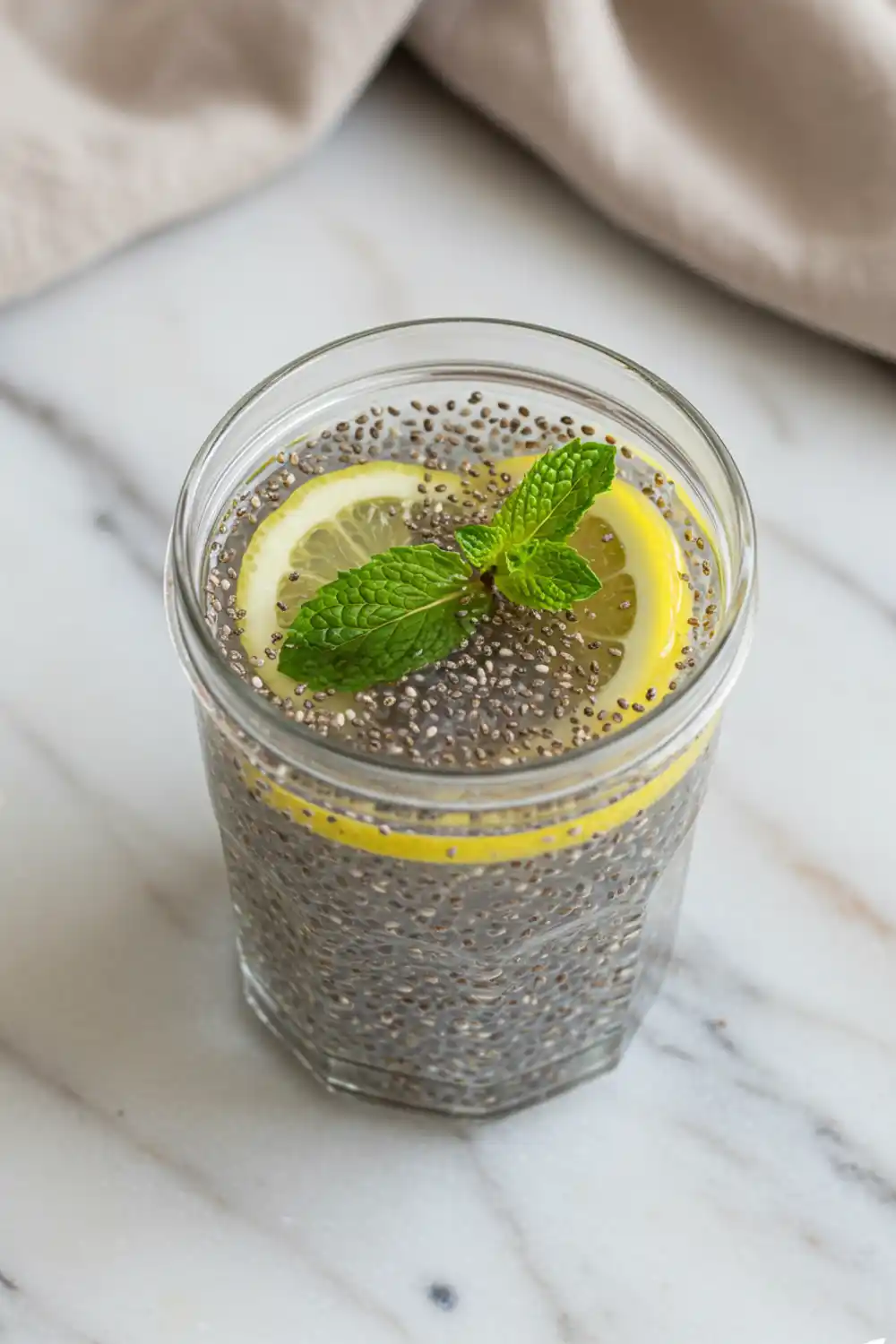 Close-up top-down view of the finished Chia Seed Water with Himalayan Salt in a clear glass with subtle wear, garnished with fresh lemon slices and mint, looking natural and home-prepared.