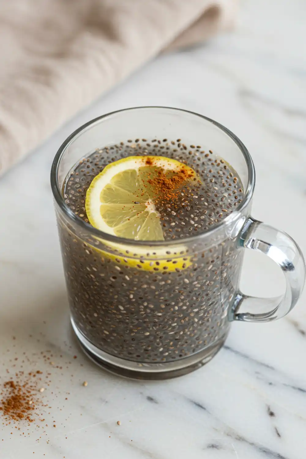 Close-up top-down view of the finished Chia Seed and Cinnamon Water in a clear glass mug with subtle wear, garnished with a lemon slice and a sprinkle of cinnamon, looking natural and home-prepared.