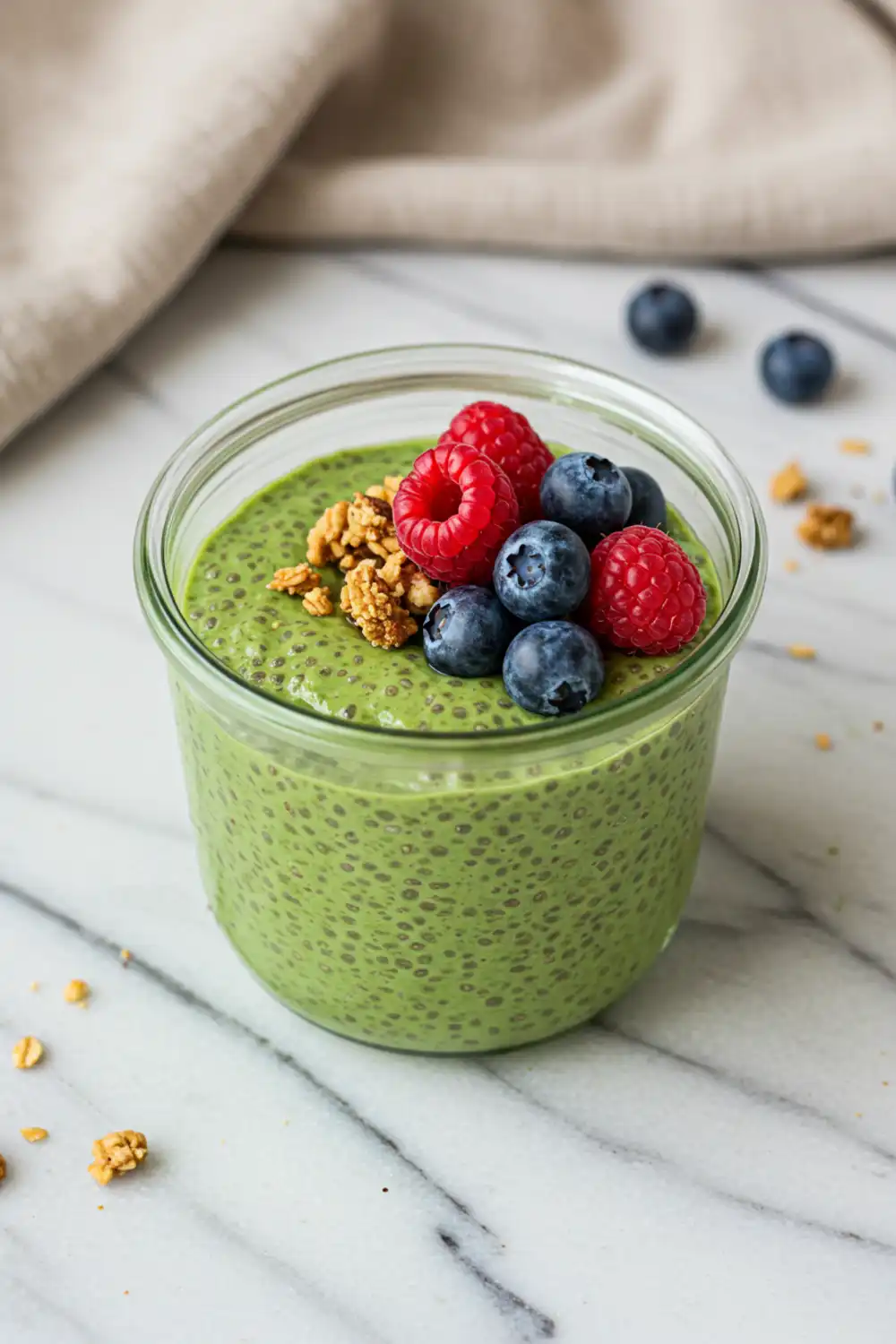 Close-up top-down view of the finished Matcha Chia Seed Pudding in a bowl with subtle wear, garnished with fresh mixed berries and granola, looking natural and home-prepared.