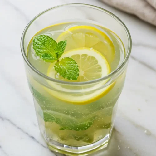 Close-up top-down view of the finished Okra Water in a clear glass with subtle wear, garnished with a lemon slice and fresh mint, looking natural and home-prepared.