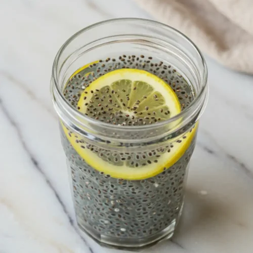 Close-up top-down view of the finished Tadpole Water in a clear glass with subtle wear, garnished with a lemon slice, looking natural and home-prepared.