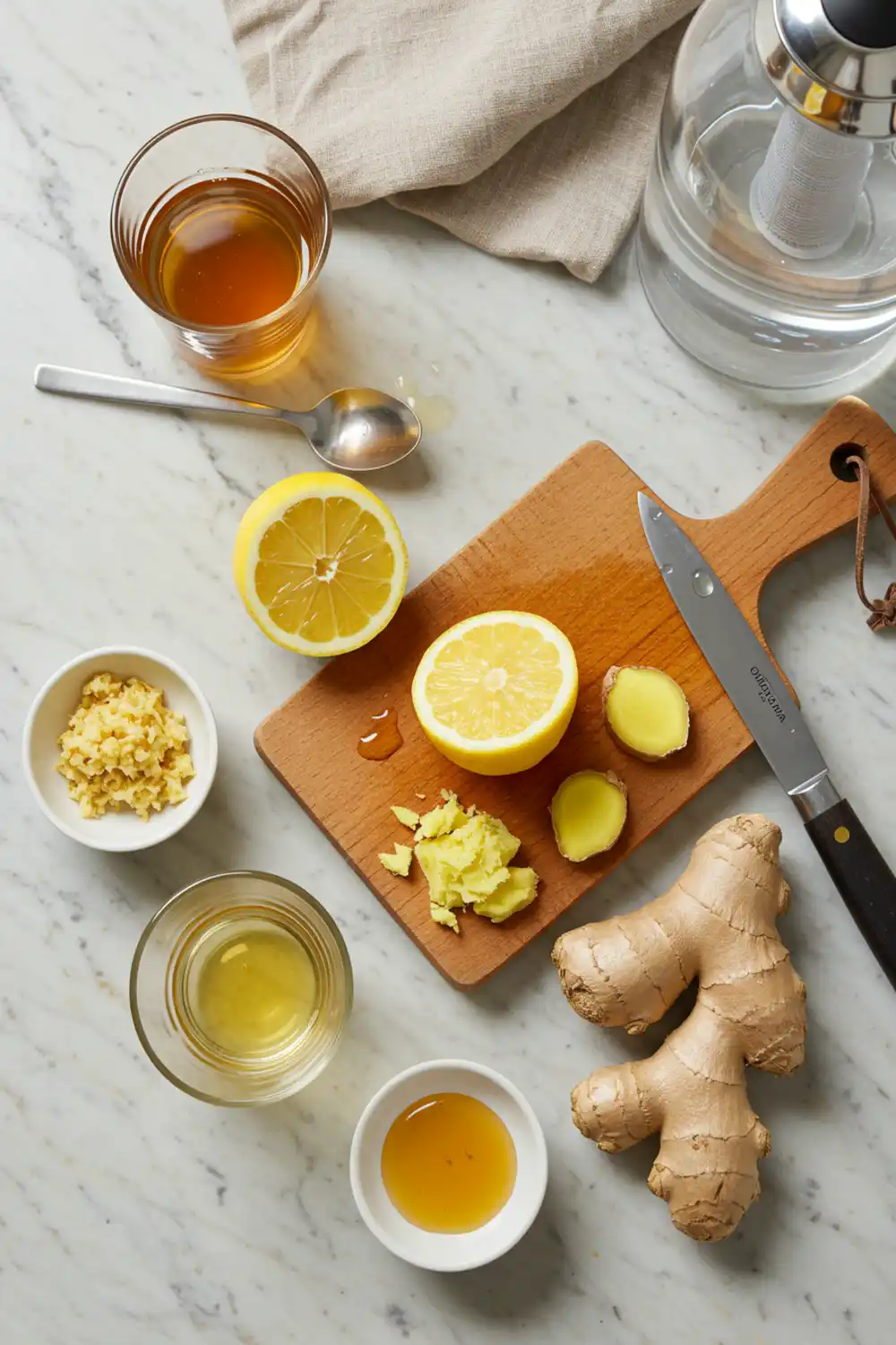 Close-up top-down view of prepped Brazilian Mounjaro drink ingredients: apple cider vinegar, lemon, grated ginger, honey, and water in a kettle, arranged on a light marble surface with subtle wear, looking natural and home-prepared.
