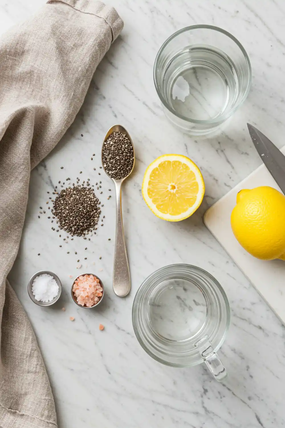 Close-up top-down view of prepped Chia Seed Water ingredients: chia seeds, Himalayan salt, lemon, and filtered water, arranged on a light marble surface with subtle wear, looking natural and home-prepared.