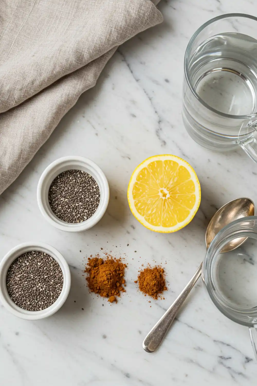 Close-up top-down view of prepped Chia Seed and Cinnamon Water ingredients: chia seeds, cinnamon powder, lemon half, and water in a kettle, arranged on a light marble surface with subtle wear, looking natural and home-prepared.