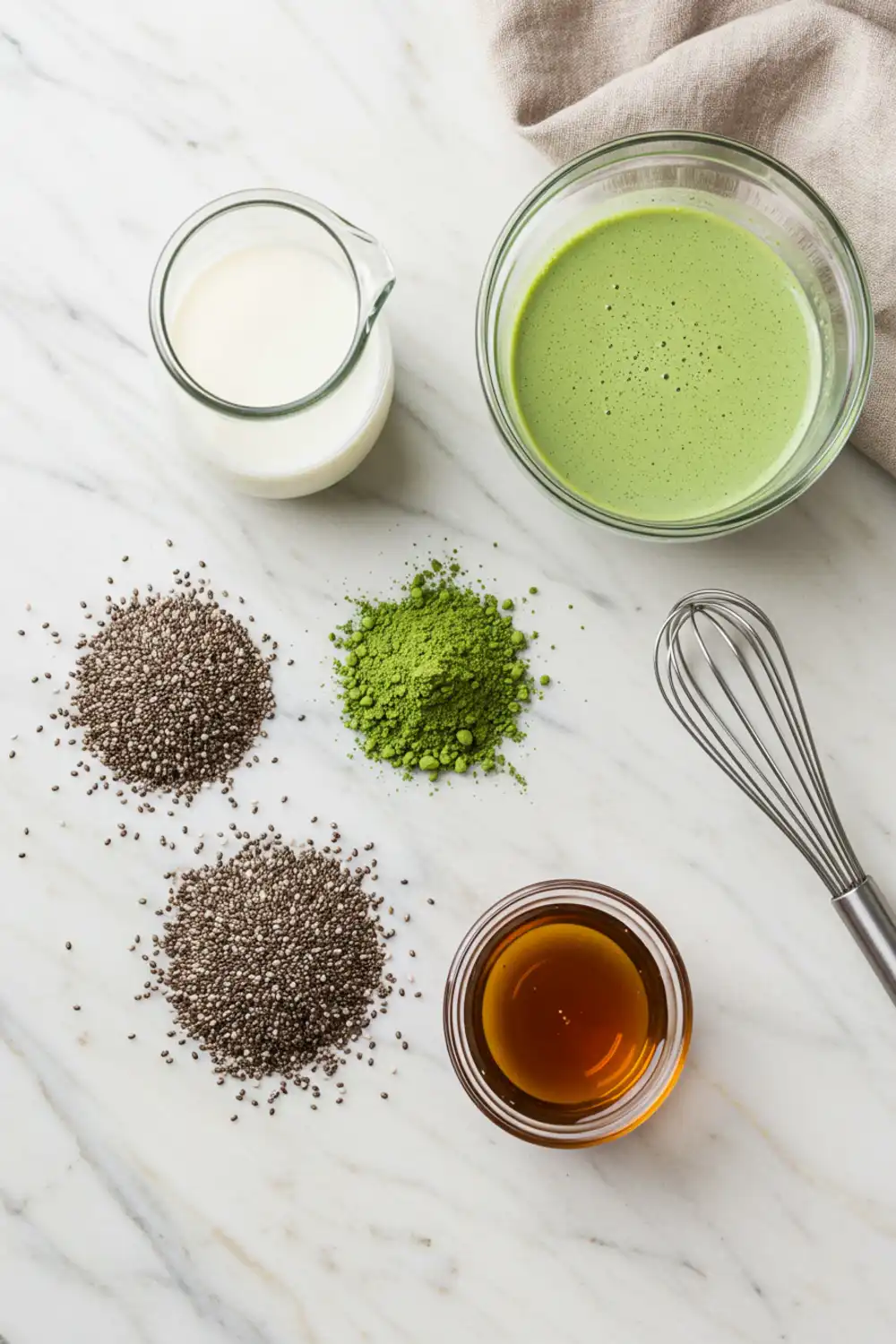Close-up top-down view of prepped Matcha Chia Seed Pudding ingredients: chia seeds, matcha powder, oat milk, and maple syrup, arranged on a light marble surface with subtle wear, looking natural and home-prepared.