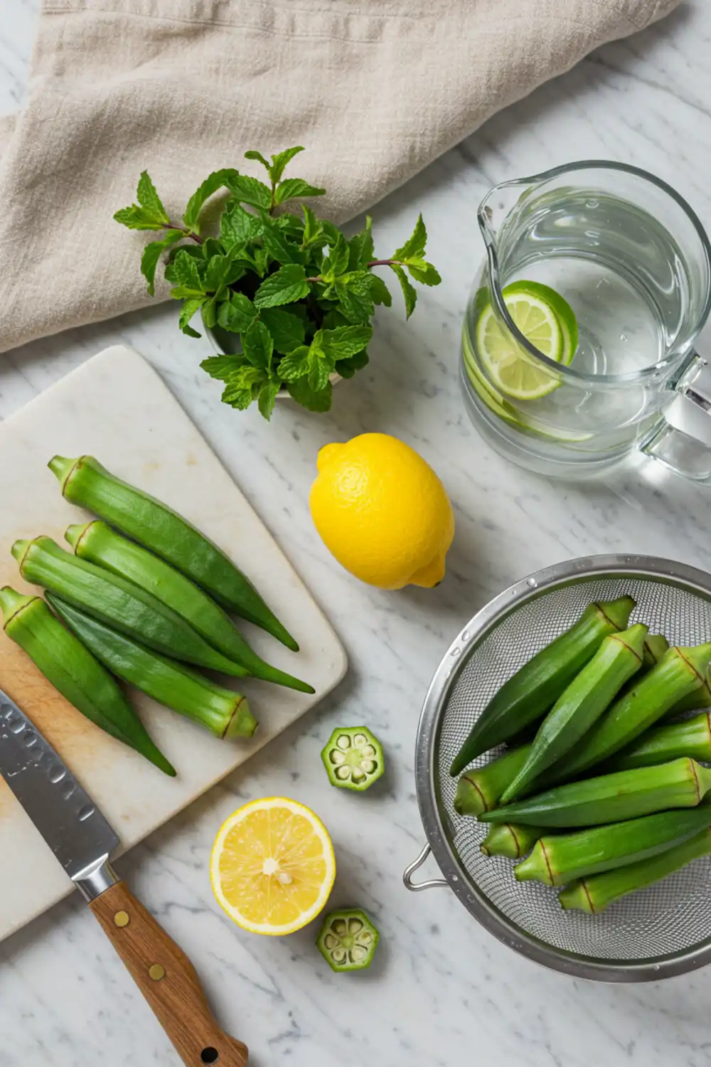 Close-up top-down view of prepped Okra Water ingredients: whole okra pods, a fresh lemon, and mint sprigs, arranged on a light marble surface with subtle wear, looking natural and home-prepared.