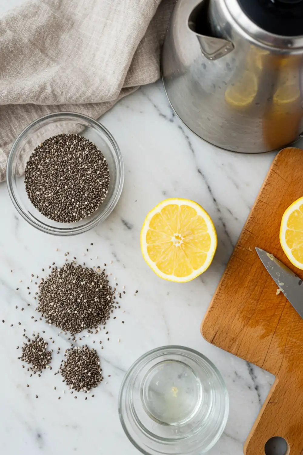 Close-up top-down view of prepped Tadpole Water ingredients: chia seeds, lemon half, and water in a kettle, arranged on a light marble surface with subtle wear, looking natural and home-prepared.